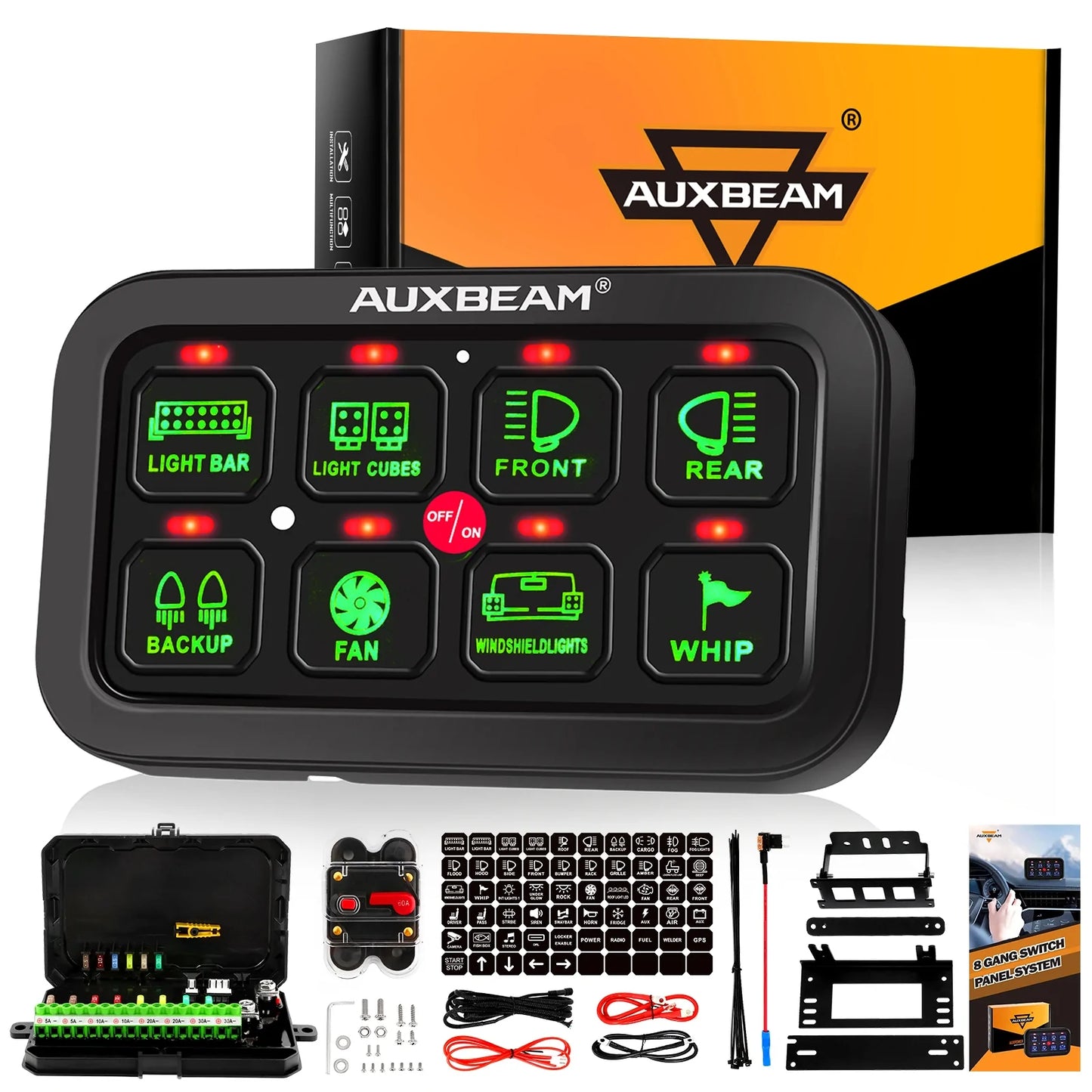Auxbeam BA80 8 gang multifunction switch panel (blue or green)