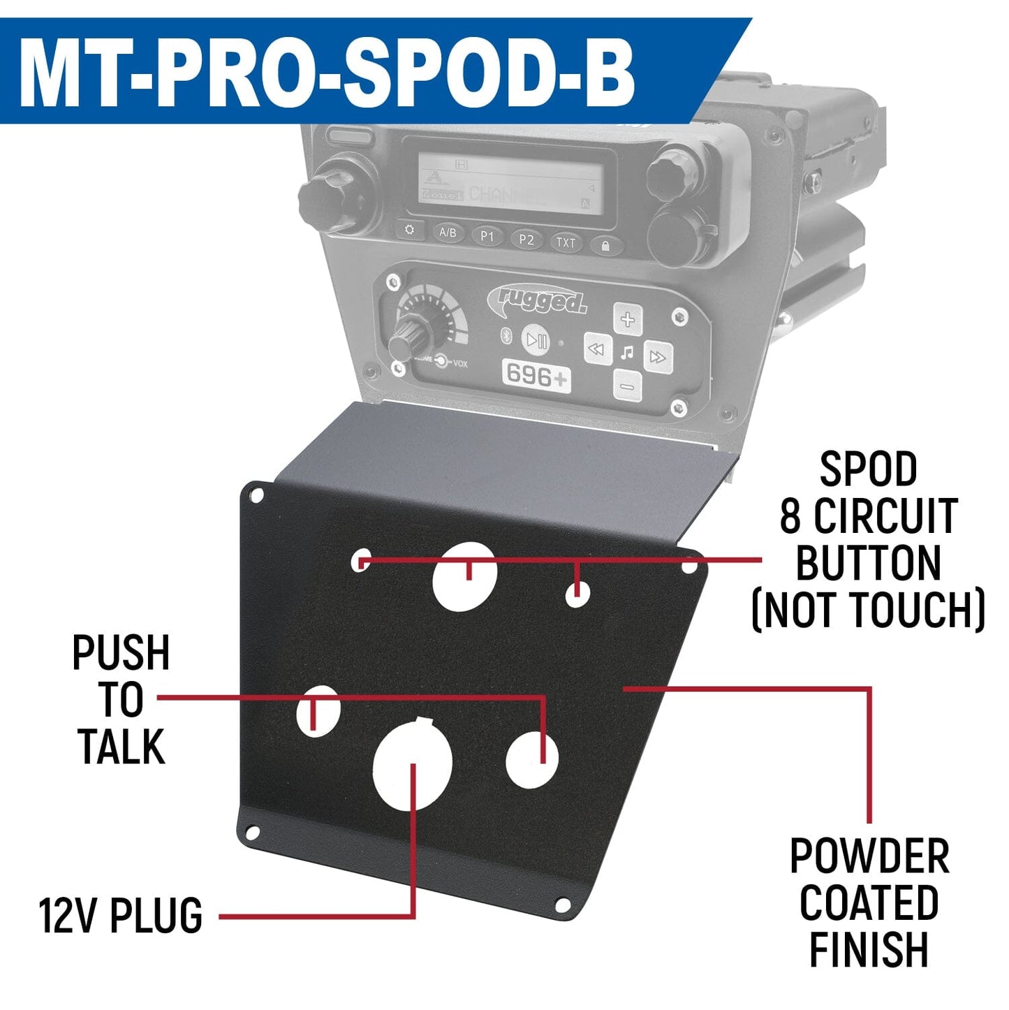 Lower Accessory Panel for Polaris Polaris RZR PRO XP, RZR Turbo R, and RZR PRO R with 2 push-to-talk holes, 12V outlet hole, and SPod 8 Circuit Button panel hole