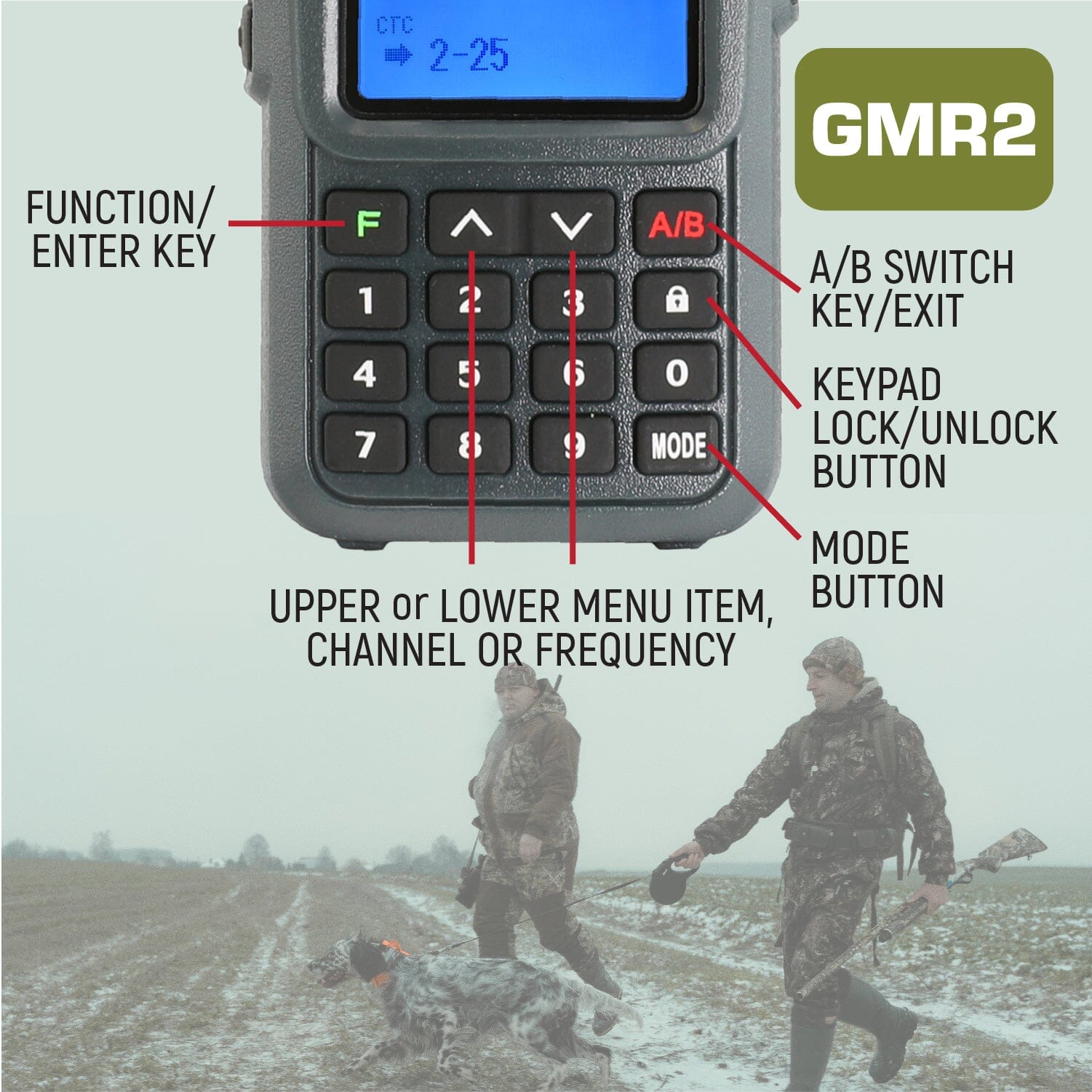 GMR2 GMRS and FRS handheld radio keypad features functions, scrolling, a/b switch, keypad lock, mode button