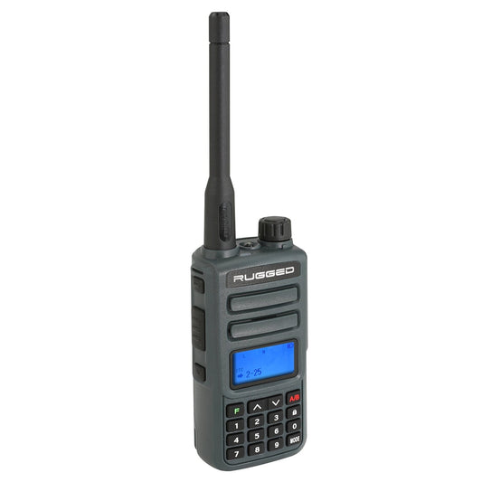 GMRS handheld 2-way radio with rechargeabe battery, weather channels, FM radio, flashlight, backlit display